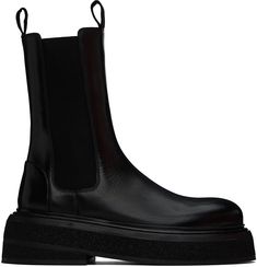 Ankle-high buffed leather Chelsea boots in black. · Webbing pull-loops at collar · Elasticized gusset at sides · Grained leather lining · Padded leather footbed · Stacked foam rubber and leather platform sole · Platform: H1.5 in · Heel: H2 in Supplier color: Black Leather Chelsea Boots, Boot Shoes Women, Luxury Streetwear, Mars, Black Boots, Chelsea Boots, Apparel Accessories, Chelsea, Shoe Boots