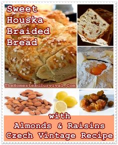 breads, almonds and raisins are featured in this postcard for sweet houska braided bread