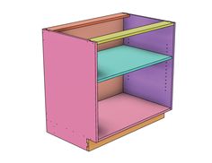 a pink and blue shelf with two shelves on each side, in front of a white background