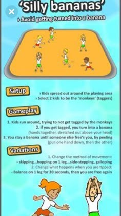 an info sheet with instructions on how to play silly banana games for kids and teens