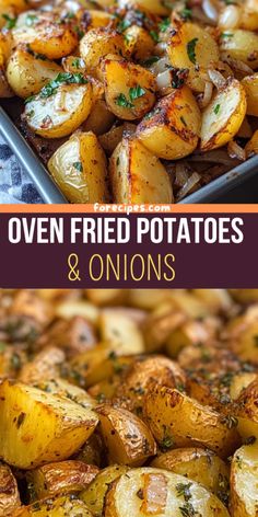 oven fried potatoes and onions with the title overlay