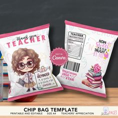 Show your appreciation for teachers in style with this versatile and creative chip bag template! This Teachers Chip Bag Template is the perfect way to add a personalized touch to any classroom event or gift.  With this easy-to-use template, you can create custom chip bags for teacher appreciation gifts, classroom parties or end-of-year celebrations.  Simply download the template, customize it with your own text and designs, print it out and assemble it for a unique and thoughtful touch. YOU WILL Chip Wrapper Template, Teacher Chip Bag, Chips Bags, Chip Bag Template, Appreciation Gifts Diy, Teacher Appreciation Gifts Diy, Bag Template, Diy Party Favors, Print Ideas