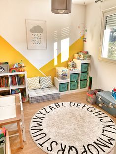 a child's playroom with toys and books