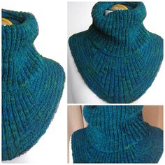 two pictures of a blue knitted cowl