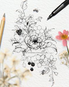 an ink drawing with flowers and bees on it next to a pen, pencil and paper