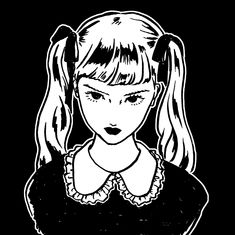 a black and white drawing of a girl with ponytails