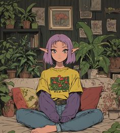 an anime character sitting on a couch with plants in the background and potted plants behind her