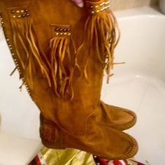 Caramel Brown Karma Of Charm Leather Boots Never Worn With Fringe Embellishments. Made In Italy Brown Leather Embellished Boots, Brown Bohemian Boots With Tassels, Luxury Cognac Leather-sole Boots, Brown Fringe Winter Boots, Luxury Brown Ankle-high Moto Boots, Caramel Brown, Leather Boots, Embellishments, Caramel