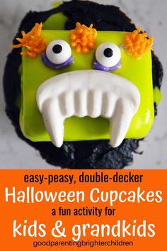 an easy halloween cupcake with googly eyes and fake teeth