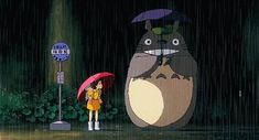 a person holding an umbrella standing in the rain next to a cartoon character with a sign