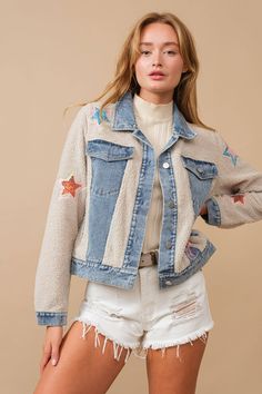 Teddy Denim Contrast Yee Haw Sequin Star Embellished Button Up Jacket This denim jacket is expansive in style, with the perfect amount of dazzle. Whether you're out and about or at an event, you'll be sure to shine in this one-of-a-kind look! Denim Jacket With Star Print, Denim Jacket With Star Print And Long Sleeves, Long Sleeve Denim Jacket With Star Print, Winter Denim Outerwear With Star Print, Fall Denim Jacket With Star Patch, Fall Denim Jacket With Star Print, Fall Denim Jacket With Star Patch And Long Sleeves, Spring Denim Outerwear With Star Print, Denim Outerwear With Star Print For Spring