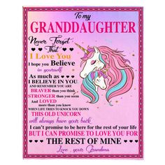 a pink poster with the words to my granddaughter and an image of a unicorn on it