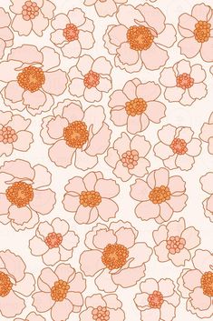 an image of pink flowers with orange centers on a white background in the style of doodle