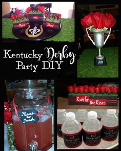 a collage of photos with drinks and decorations on it, including a drink dispenser