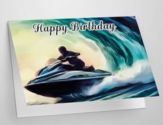 a happy birthday card featuring a man on a jet ski