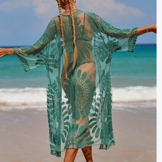 Floral Embroidery, Sheer, Mesh, Tie Front 65% Nylon, 35% Rayon Color In First Picture. Green Festival Cover-up, Fitted Green Cover-up For Spring, Black Lace Up Dress, Crochet Halter Dress, Mesh Cover Up, White Crochet Top, Mesh Embroidery, Swim Shorts Women, Long Sleeve Swim