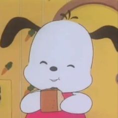 an animated image of a white rabbit holding a box