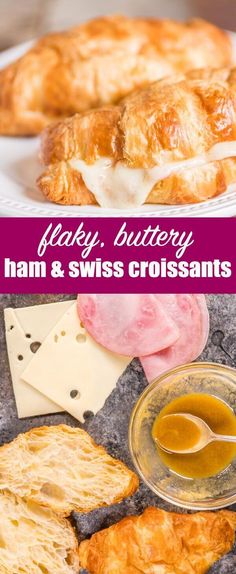 ham and swiss croissants on a plate with dipping sauce in the middle