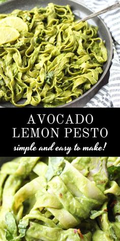 avocado lemon pesto pasta in a skillet with the title above it