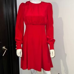 Dolce & Gabbana Size 44 Bright Red Dress Brand New W/Tags Gorgeous! Seam Rip In Seam Shown In Pictures. Classic Long Sleeve Silk Dress, Elegant Red A-line Dress, Classic Long Sleeve Cocktail Dress, Classic Knee-length Dress For Dinner, Elegant Red Mini Dress For Wedding, Classic Red Midi Dress For Evening, Elegant Red Long Sleeve Mini Dress, Designer Long Sleeve Wedding Dresses, Designer Fitted Red Dress