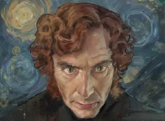 a painting of a man with curly hair and green eyes