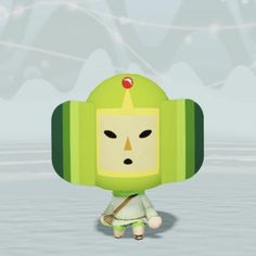 a cartoon character with headphones on standing in the middle of an ice covered field