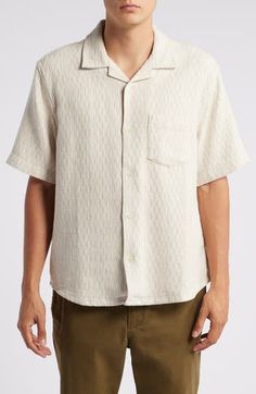 A softly textured cotton weave furthers the relaxed comfort of a camp shirt that's washed and faded to feel like a well-loved favorite. 27 1/2" length (size medium) Front button closure Notched collar Short sleeves Chest patch pocket 100% cotton Hand wash, line dry Imported Casual Cream Johnny Collar Top, Casual Cream Top With Johnny Collar, Summer Cream Camp Shirt With Relaxed Fit, Beige Camp Shirt With Relaxed Fit And Camp Collar, Casual Beige Camp Collar Shirt, Casual Beige Shirt With Camp Collar, Casual Cream Collared Camp Shirt, Casual Cream Shirt With Spread Collar, Casual Cream Shirt With Pockets