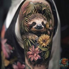 a sloth with flowers and leaves on his arm