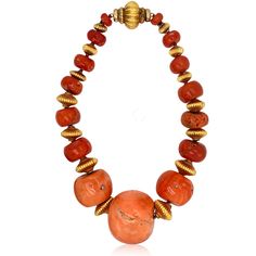 Luxury Red Coral Necklaces, Luxury Red Coral Necklace, Unique Orange Red Coral Necklace, Gold Necklace With Large Red Coral Beads, Vintage Red Coral Necklace With Large Beads, Gold Necklace With Polished Red Coral Beads, Gold Red Coral Jewelry With Large Beads, Unique Red Coral Round Bead Jewelry, Elegant Coral Necklaces With Large Beads