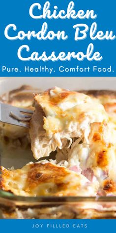 chicken cordon bleu casserole with text overlay