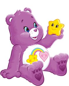 a purple teddy bear holding a yellow star