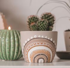 a potted plant sitting on top of a white shelf next to other pots and plants