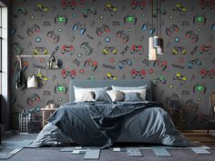 a bedroom with grey walls and colorful wallpaper