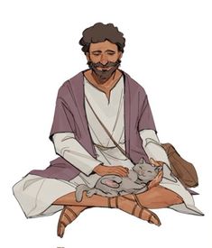 jesus sitting on the ground holding a cat in his lap and looking at it's paw