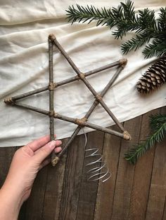 a hand holding a star of david made out of twigs and branches with pine cones