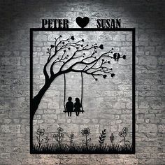 a couple sitting on a swing under a tree with the words peter and susan above it