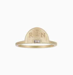 A contoured half moon with hand implemented milgrain detail, set with a single clean baguette diamond and finished with a satin touch, this piece feels unique, modern and so comfortable to wear.  Engrave her with up to 3 letters or numbers or wear her blank for a modern look. Moon Signet Ring, Vintage Engagement Ring Settings, Gift Wishlist, Rose Gold Morganite Ring, Jennie Kwon, Rose Gold Engagement Ring Vintage, Blue Topaz Engagement Ring, Belly Button Jewelry, Bespoke Engagement Ring