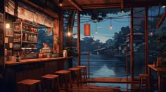 an animated scene of a restaurant by the water