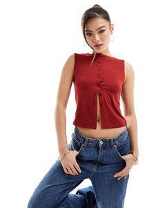 Top by ASOS DESIGN Can't top this High neck Button placket Sleeveless style Cropped length Regular fit High Neck Top Outfit, Cropped Tank Top Outfit, Backless Top Outfit, High Neck Outfit, Summer Dinner Outfits, Unique Top Designs, Button Tank Top, High Neck Tops, Tank Top Outfits