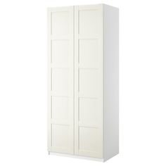 a tall white cabinet with two doors