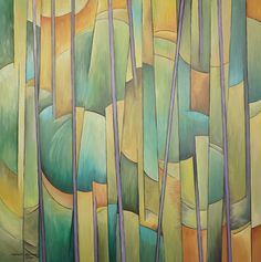 an abstract painting with many different colors and shapes in the background, as well as trees