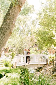 two people standing on a white bridge in the woods