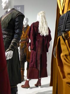 several different types of costumes on display in a museum case, including one with long white hair