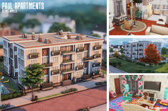 four different views of an apartment building with furniture and decorations on the outside, from top to bottom