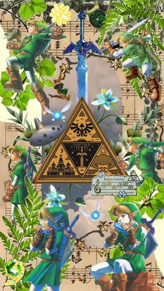 the legend of zelda is surrounded by leaves and flowers