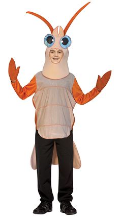 a man in an orange lobster costume standing with his arms out and eyes wide open