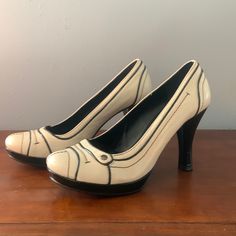 Charles David Genuine Leather Vintage Look Platform Pumps. Never Worn. Beautiful Two Tone Leather, 3 1/2 Inch Heels. Size 7 1/2. Final Sale. Cream Patent Leather Heels, Medium Width, Cream Patent Leather Heels Medium Width, Medium Width Cream Patent Leather Heels, Cream Round Toe Heels For Work, Cream Leather Heels With 4-inch Heel, Cream Leather Heels Medium Width, Retro Beige Leather Heels, Classic Cream Round Toe Heels, Vintage Beige Heels Medium Width