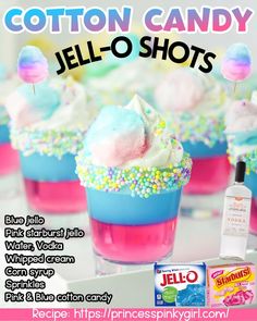 cotton candy jell - o shots with sprinkles and marshmallows