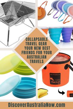 collage of travel gear with text overlay that reads, collapsable travel gear your new best friends for your australian travels