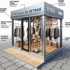 the inside of a clothing store with information about its features and names on it's walls